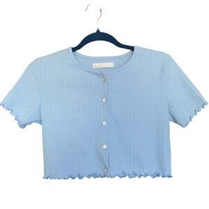 OAK + FORT Baby Blue Crooped Pointelle Mockneck Cardigan Top Sz S